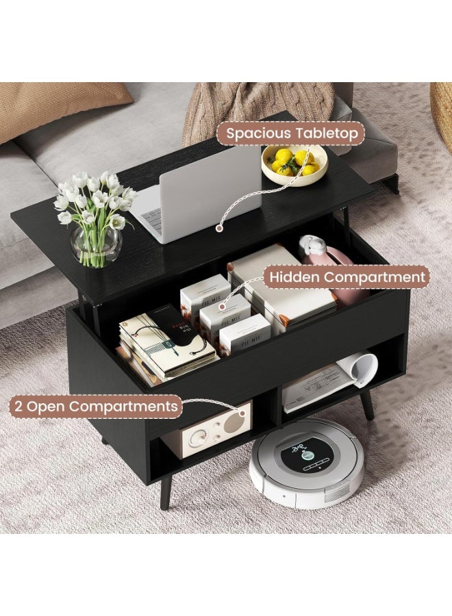 Giantex Lift Top Coffee Table, Wooden Lift Top Dining Table w/Hidden Storage Compartment & 2 Storage Shelves, Raisable Top Coffee Table for Living Room, Study, Office, Meeting Room (Black) - Image 4
